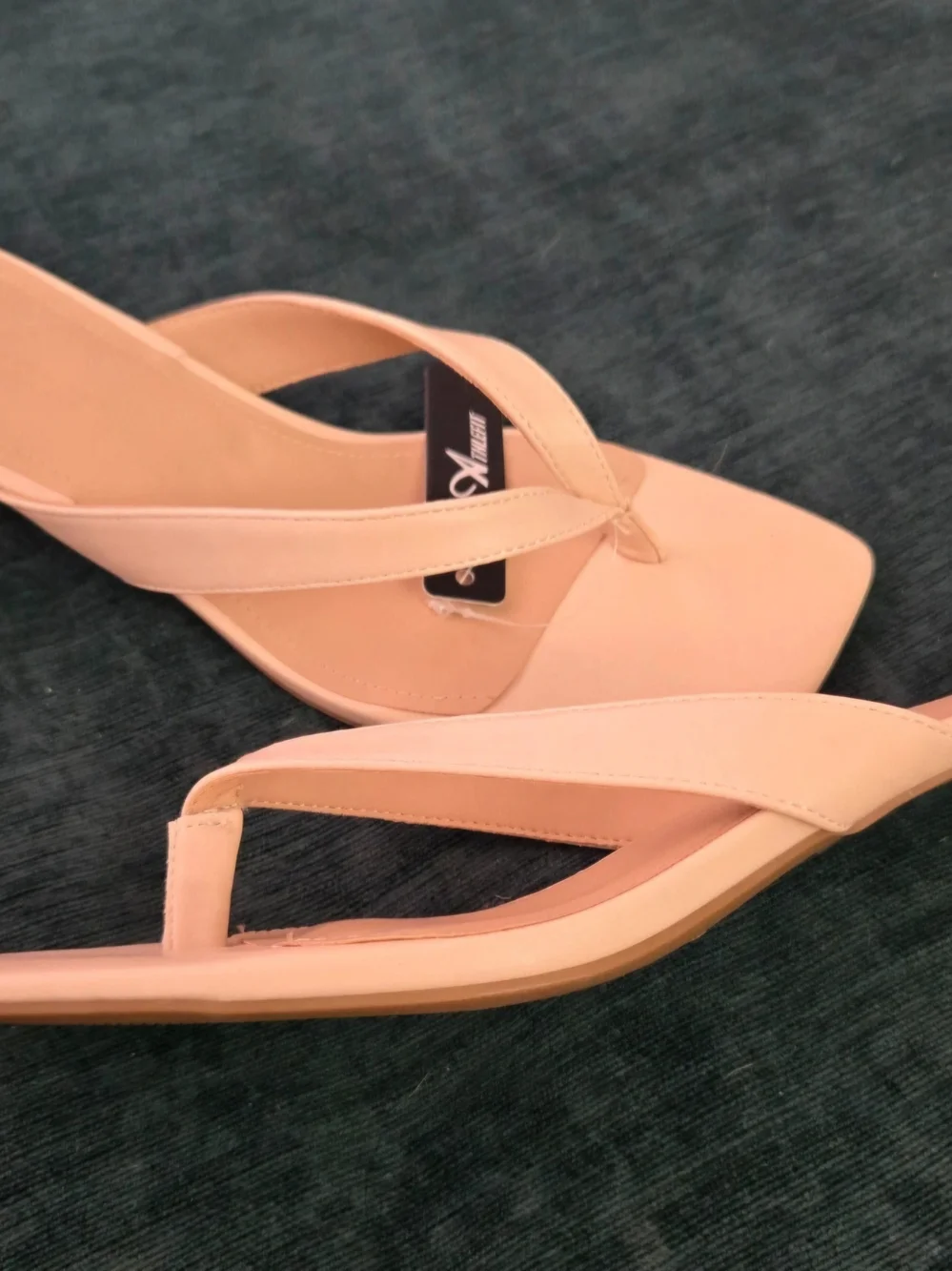 Square-Toe Thong Kitten Heel Sandals in Nude